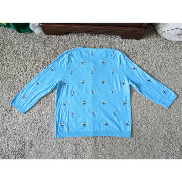 NWOT Talbots Crew Neck Cardigan Womens XL Blue Cotton Embroidered Toucan Coastal - Picture 3 of 7